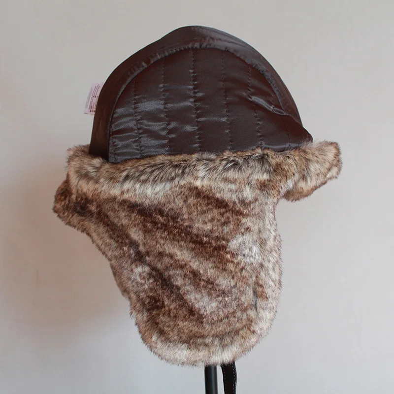 Winter Ushanka hat mens pilot bomber trap hat artificial fur leather snow hat with ear flaps 241031