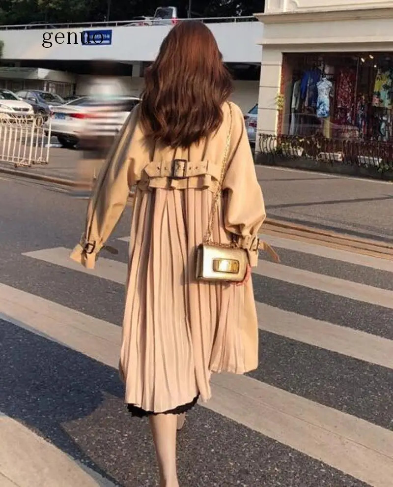 Womens spring Korean fashion pleated trench coat long sleeved knee length windproof coat loose thin Abrigo Mujer 241031