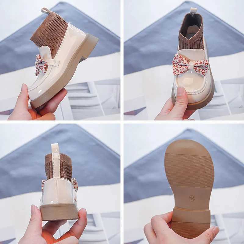 Girls Autumn Bow Leather Shoes Knitted Boots Childrens Leather Shoes Girls Princess Anti slip Ankle Boots Children M241102