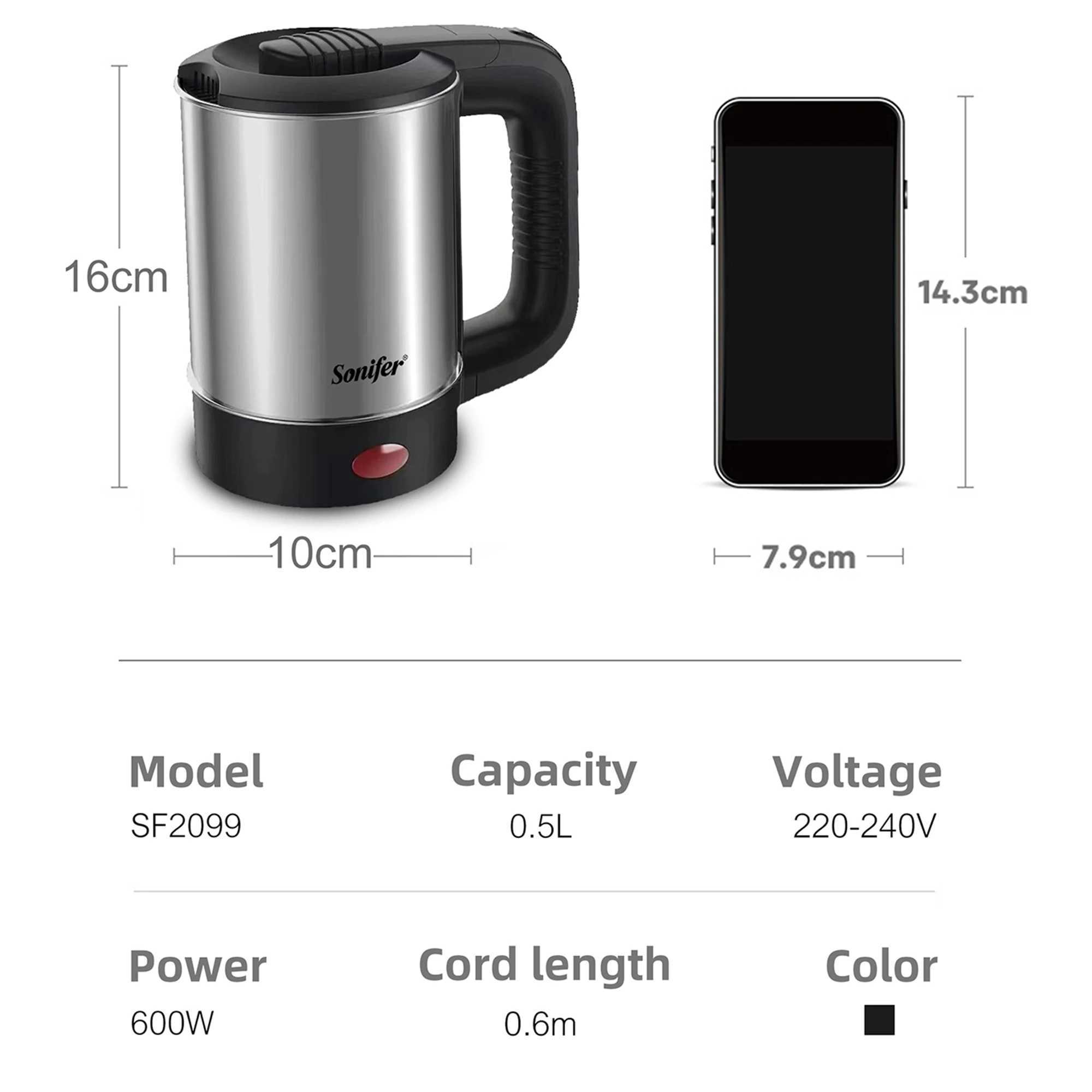 0.5L mini electric kettle tea coffee stainless steel 600W portable travel water boiler suitable for hotel and family travel Sonifer Y241102