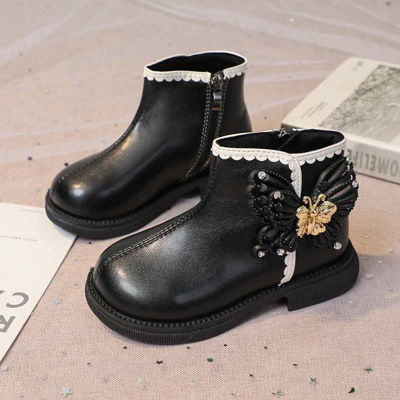 Girls fashionable butterfly boots elegant childrens short leather boots fashionable childrens sweet princess boots round toe anti slip M241102