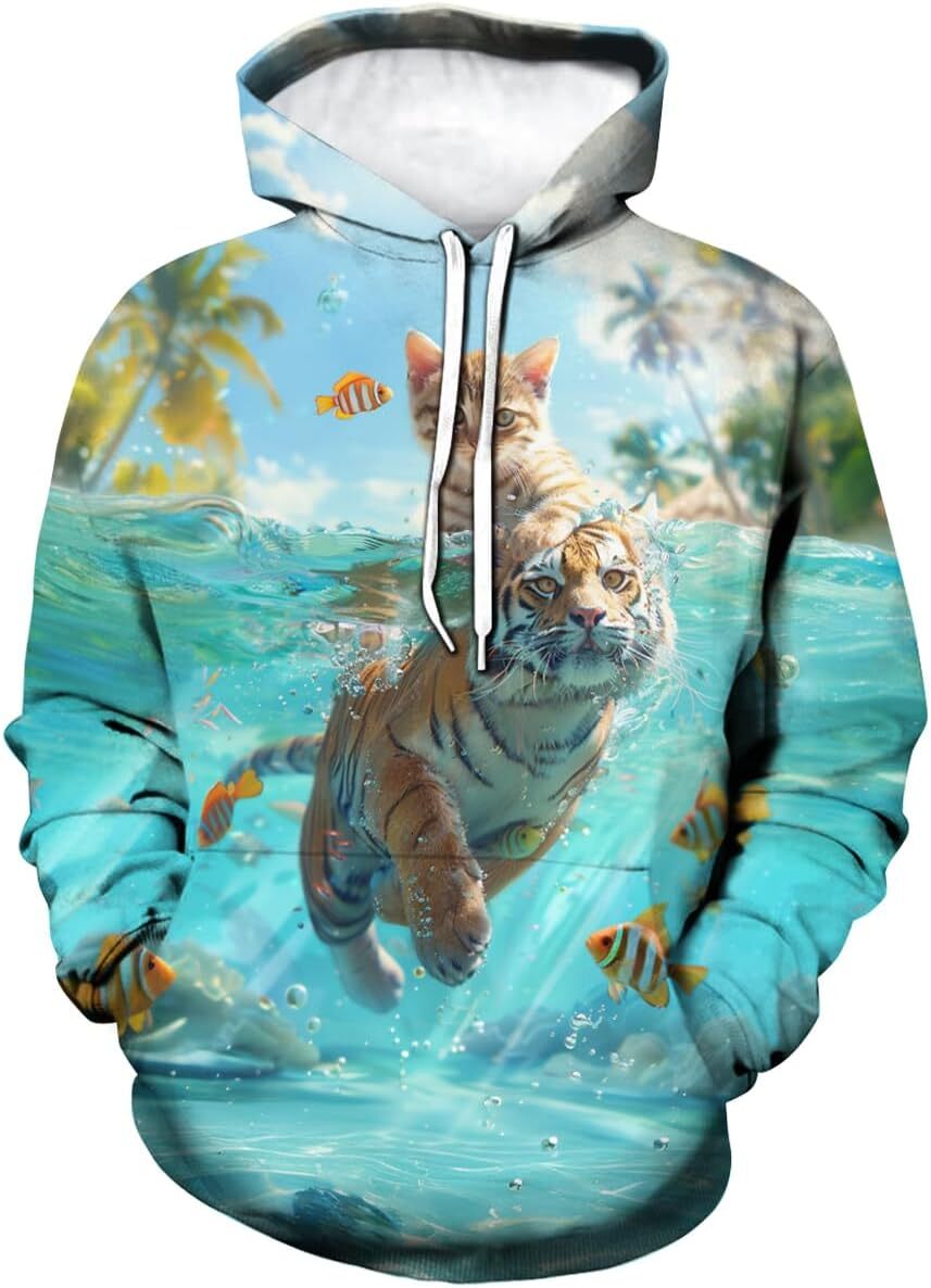 Hoodie for Mens Womens Novelty Cat Hoodie Funny Animal Graphic Sweatshirts Dreamy visual water cat riding tiger Graphic Hoodies sweatshirt Pullover Lo