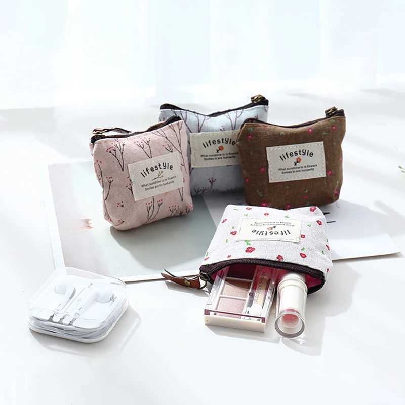 Small Coin Purses With Fresh Flower Pattern Storage Bags Canvas Coin Wallets For Lady Girls Earphe Coin Key Mey Zipper PouchXJ241111