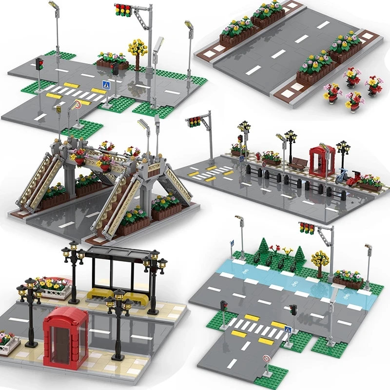 Compatible City Street View Building Bricks MOC Road Traffic Lights Sign Blocks Base Friends Bricks DIY Toys for Boys Girls Gift