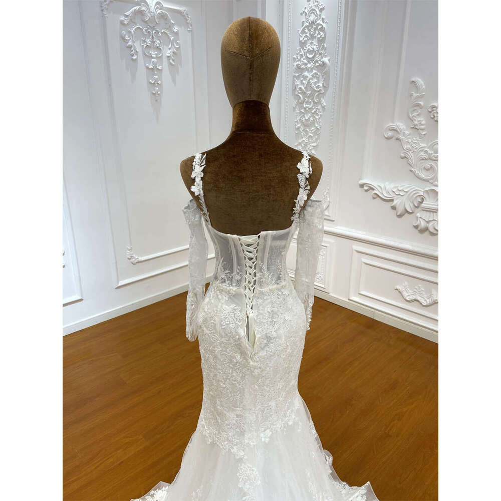 Customized New Design Applique Lace Detachable Long Sleeve Mermaid Bridal Wedding Dress