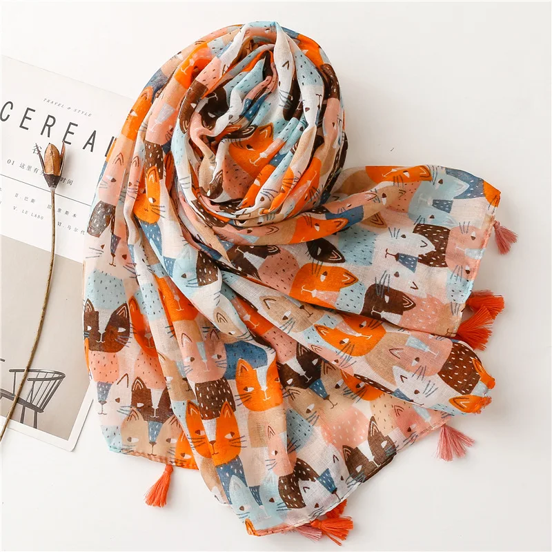 Lovely Animal Cat Pattern Tassel Viscose Shawl Scarf Lady High Quality Wrap Thin Pashmina 2025 Stole Bufandas new Muslim Hijab 180*90Cm
