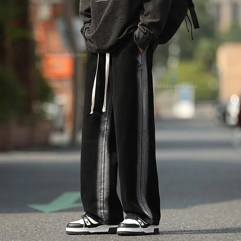 Mens Baggy Straight Jeans Fashion Striped Tie Dye Stretch Waist Drawstring Casual Vintage Denim Trousers Male Streetwear 241024
