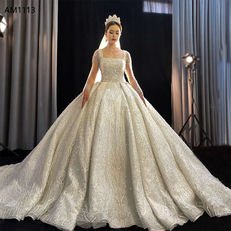 Full Sleeve Square Necke Pearls Wedding Dress