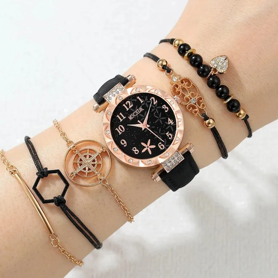 6pcs Black Flower Quartz Watch Dainty Bracelet For Women Leisure Casual 2025 Round Rhinestone Hollowed new Pattern Bracelet Set