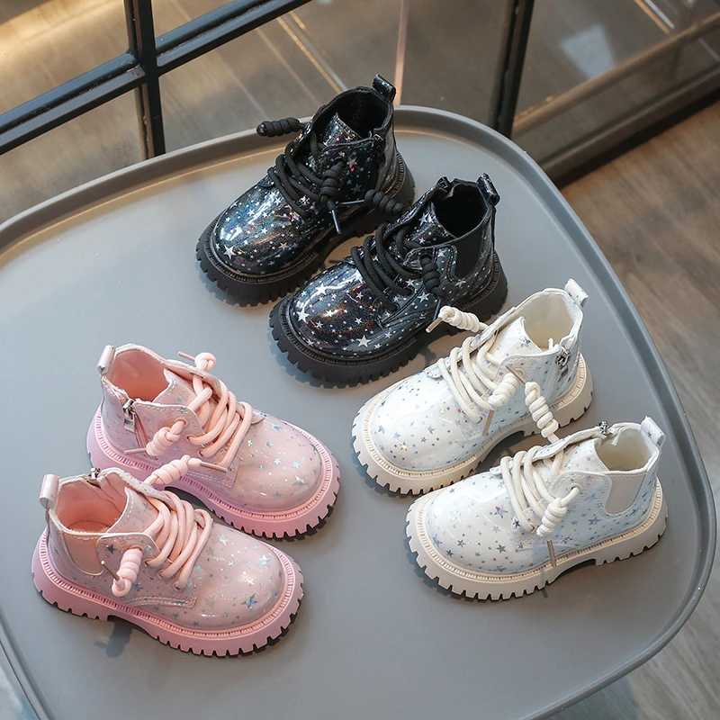 New Childrens Girls Leather Boots Spring Autumn Princess Short Boots Fashion Gloss PU Childrens Thick Bottom Leather Boots M241102