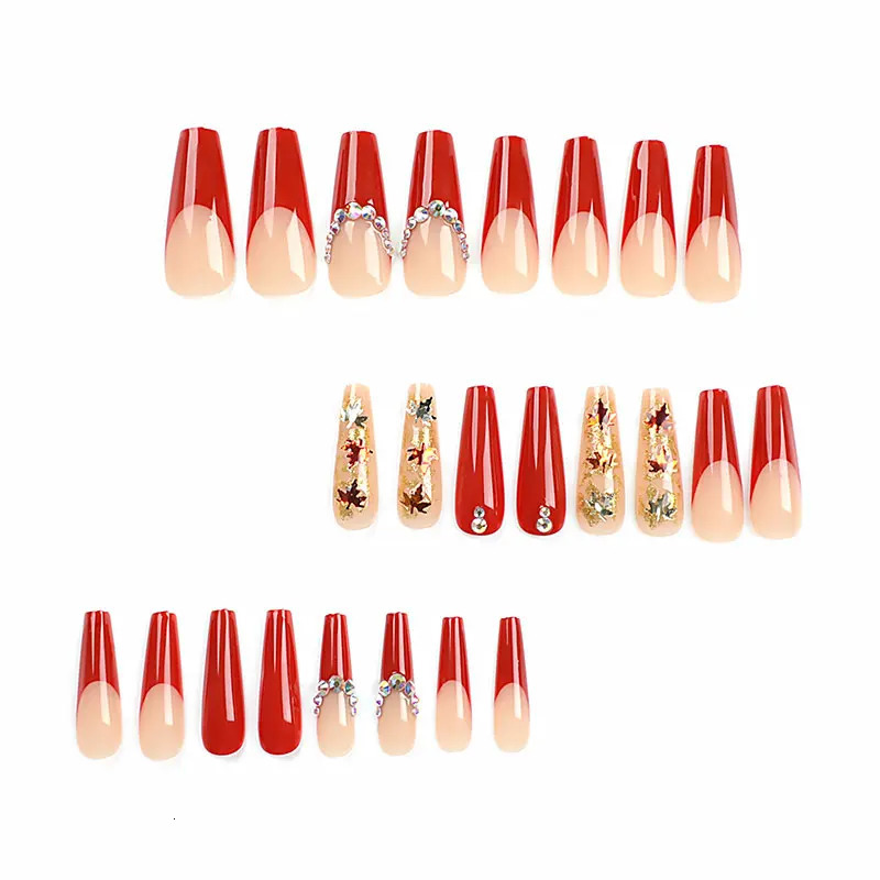 24 handmade autumn and winter maple leaf glitter wearable nails fake nails and sparkling diamonds from France Europe and the United States 241031