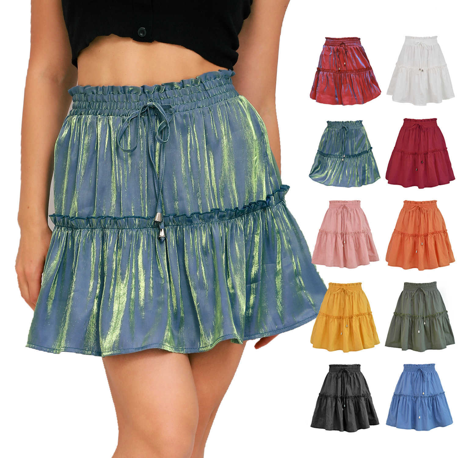 Clothes For Women Ruffle Skirt Lace Side Casual Skirt WoMens Fashion Short Skirt High Waist Elastic Solid Color Half Pleated Skirt Length Adult Career