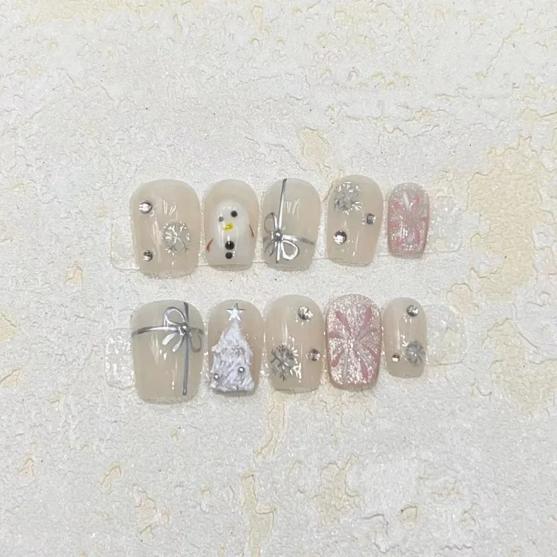 10 pieces/set full set of fake nails pressed on nails handmade patches removable fake nails fireworks Christmas snowflakes snowmen 241031