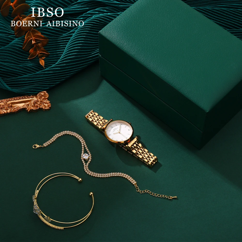 IBSO 2023 2025 New Women Green Watch Set Japanese Quartz Movement Luminous Hands Ladies Watch Sets Waterproof new Jewelry Hot Set