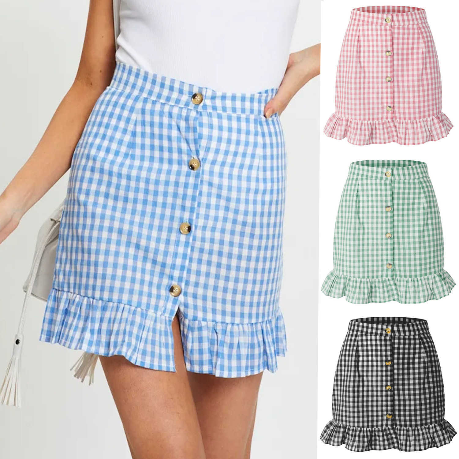 Bohemian Fish Tail Skirts For Women Short Ball Skirt Lace Side Summer WoMens Clothes Plaid Ruffle Skirt High Waist Single Button Small Fresh Plaid Ski