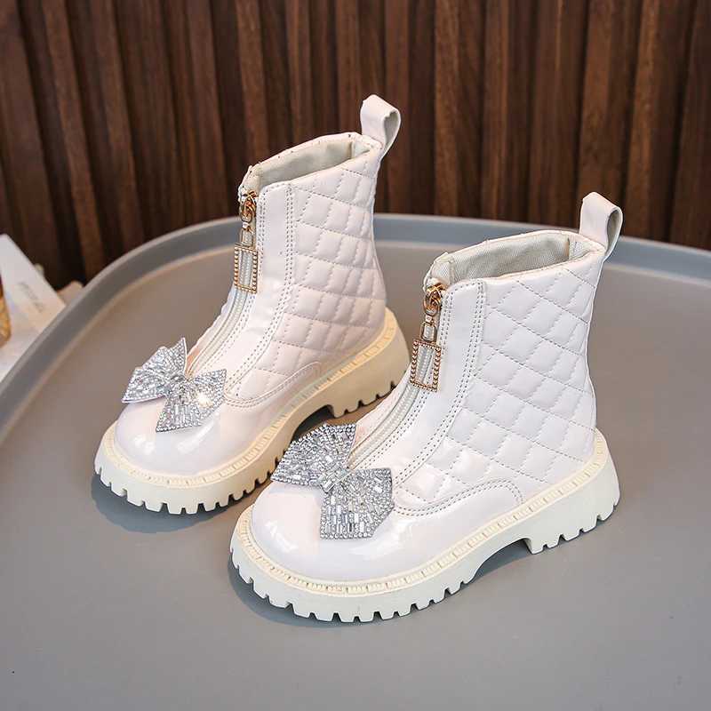 Sparkling Butterfly Girl Fashion Boots Solid PU Leather Anti slip Childrens Ankle Shoes Spring and Autumn Zipper Childrens Shoes M241102