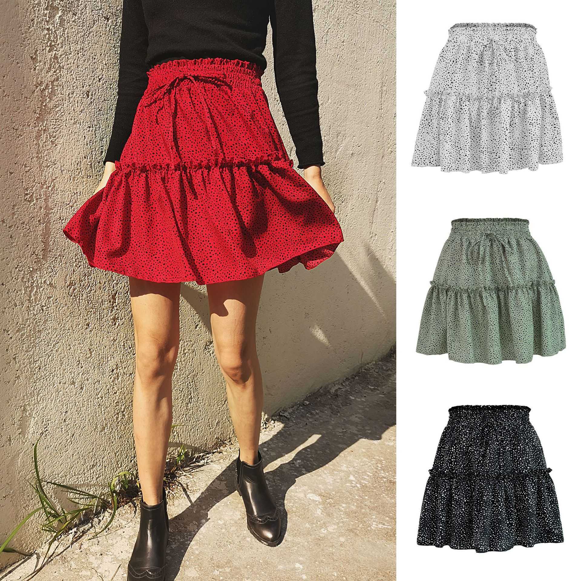 Women Ruffle Skirt Summer WoMens High Waist Chiffon Large Hem Skirt Print Pleated Dot Skirt Length Adult Skirts 241023