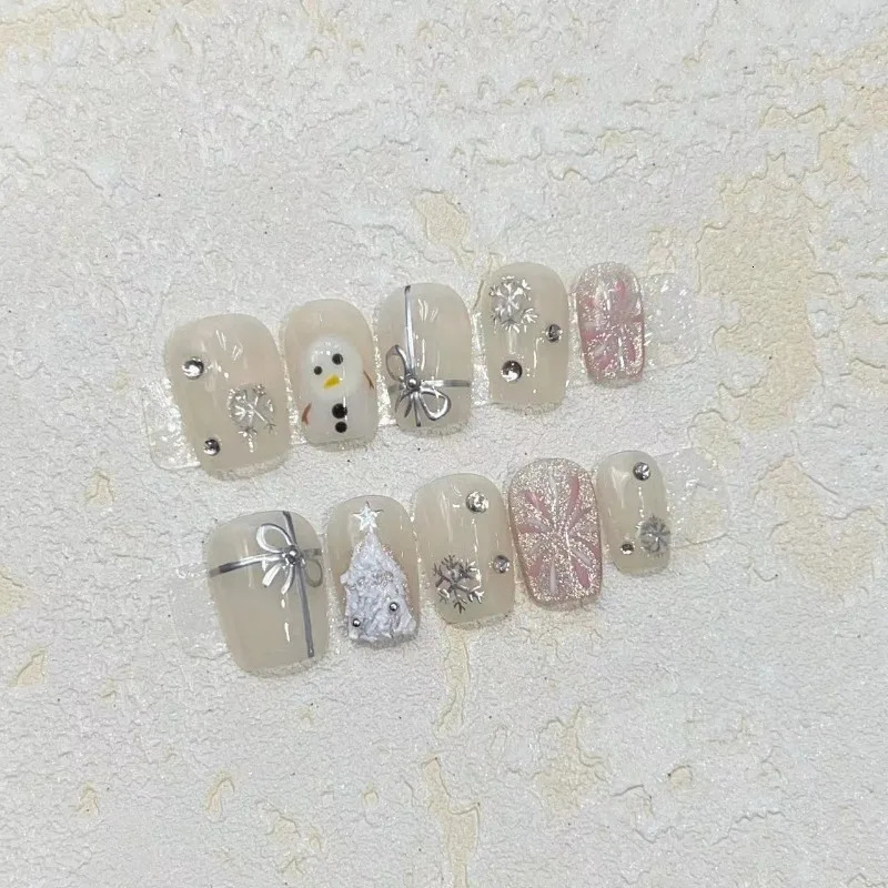 10 pieces/set full set of fake nails pressed on nails handmade patches removable fake nails fireworks Christmas snowflakes snowmen 241031