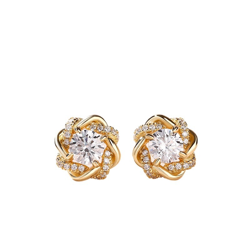 Vintage Crystal Flower 925 Sterling Silver Stud Women 18K Gold Diamond Stud Earrings Hollow Design Wedding Earrings Luxury Jewelry Exquisite Gift