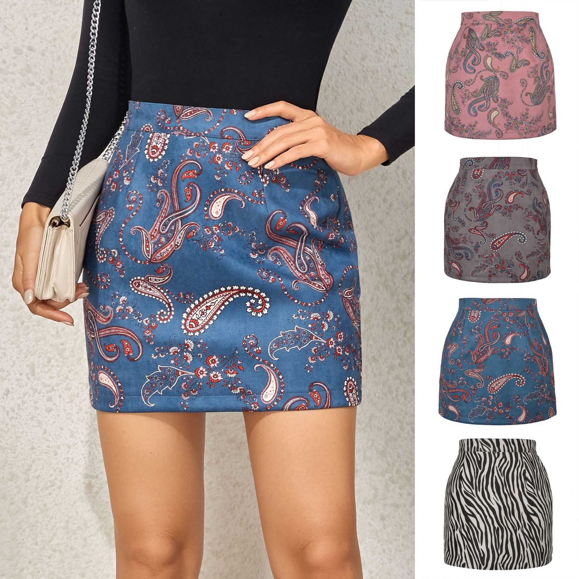 Career Wrap Hip Skirts For Women Printed Vintage Skirt WoMens Half Skirt Autumn Winter Fashion Cashew Flower Zipper A-line Short Skirt 241023