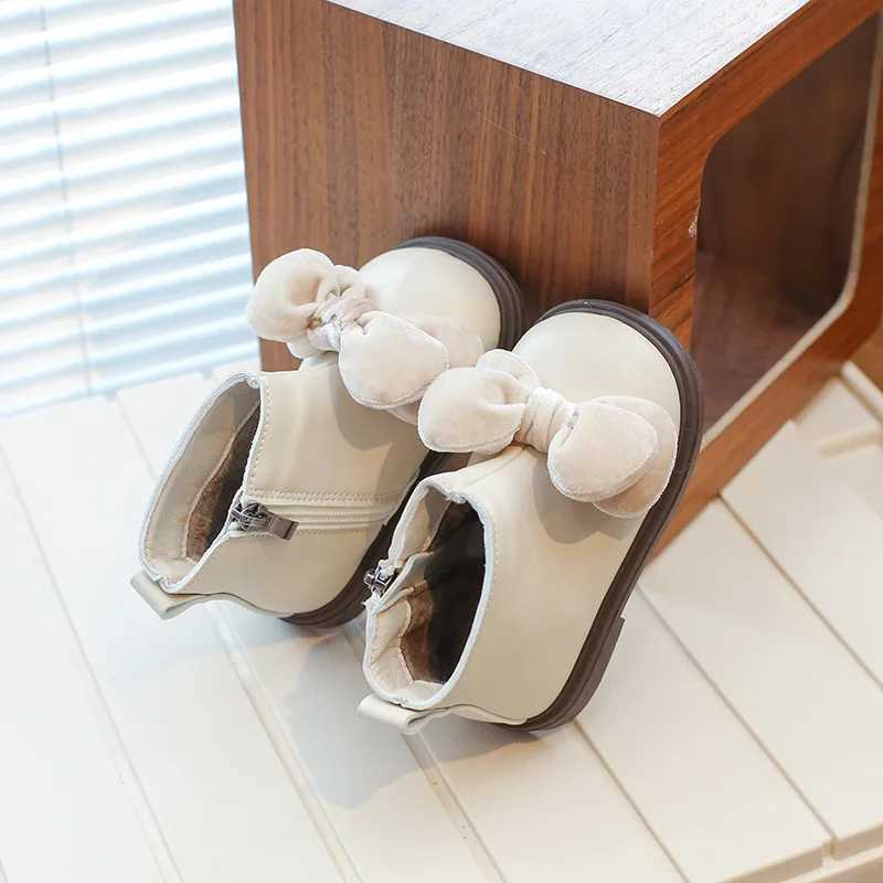 Cute Bow Baby Fashion Boots Winter Plush Warm Soft Sole Childrens Ankle Shoes PU Zipper Anti slip Childrens Shoes M241102