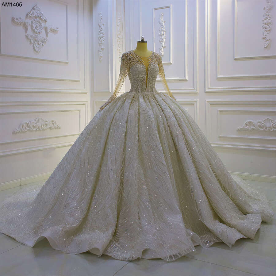 Deep V-neck Long Sleeve Sequin Lace Ball Gown Wedding Dress