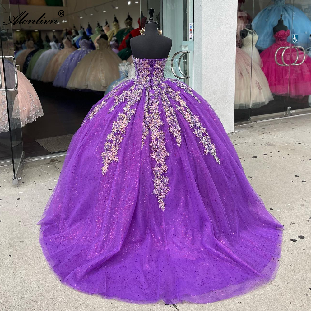 Sparkly Bling Lace Off Shoulder Sleeves Sweetheart Ball Gown Quinceanera Dresses Beading Appliques Floor-Length Prom Evening Party Pageant Birthday Go