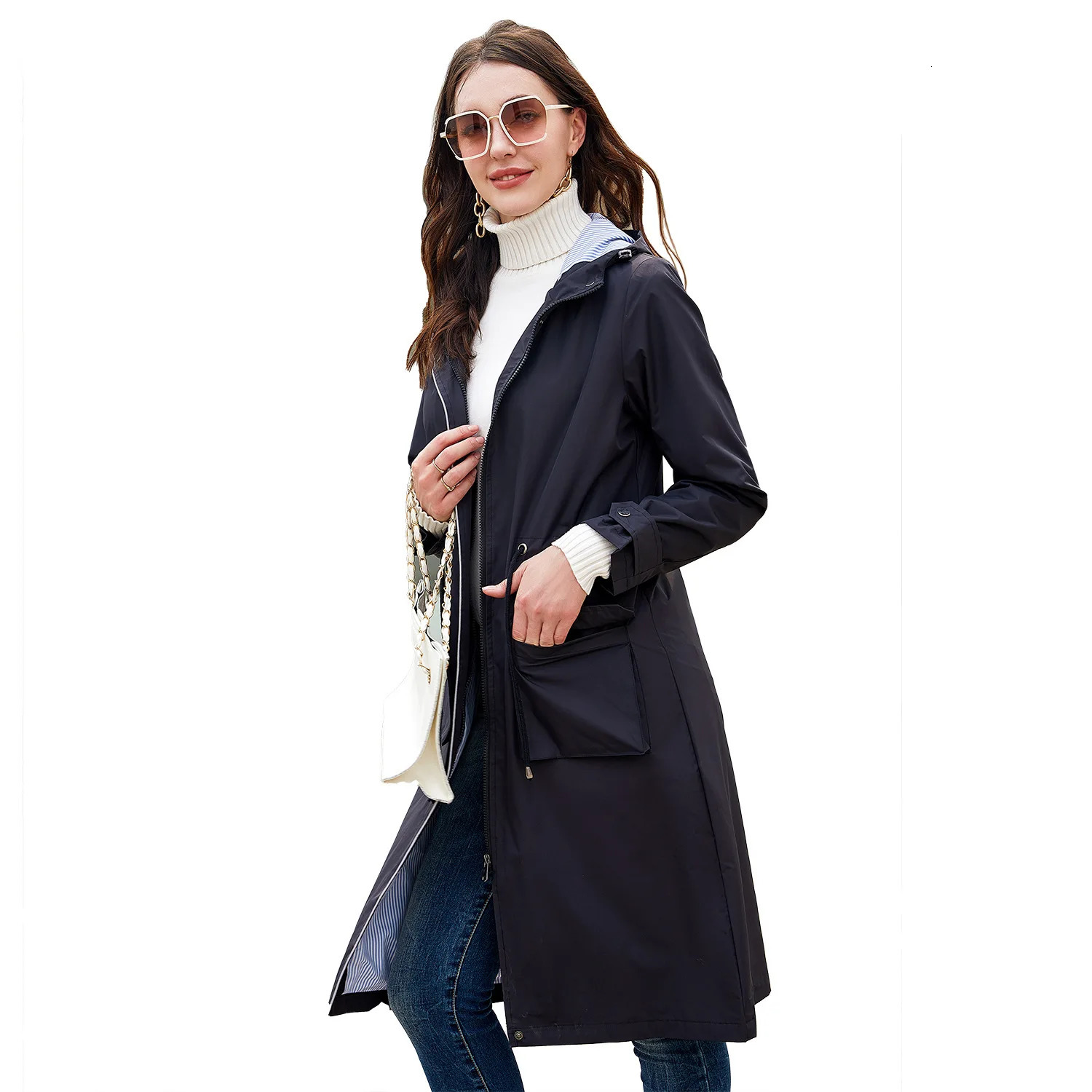 ly arrived womens long trench coat waterproof loose hooded windproof machine 241031
