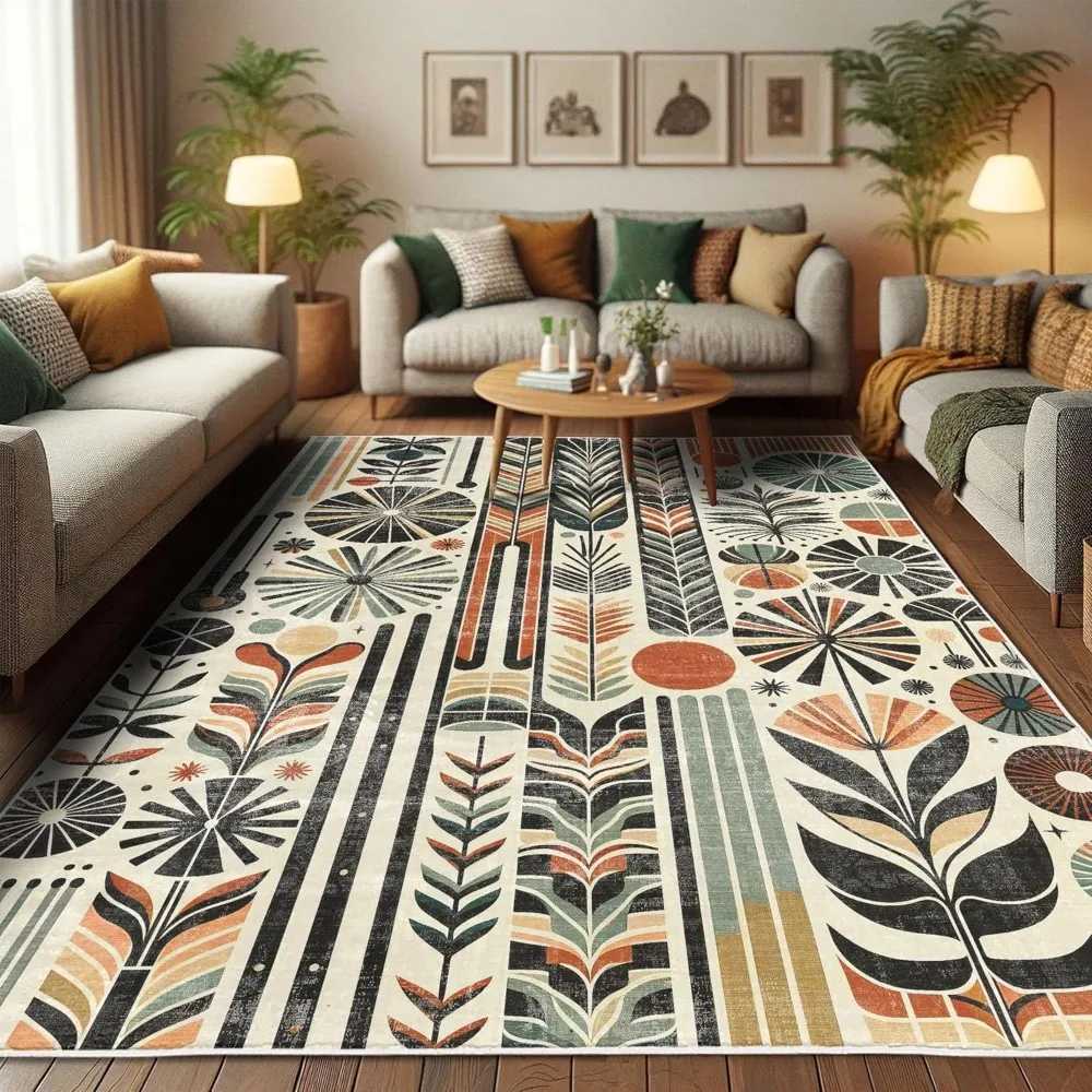 Retro Mid Century Inspired Abstract Patterns on Ivory Background Quality Carpet for BedroomXJ241101