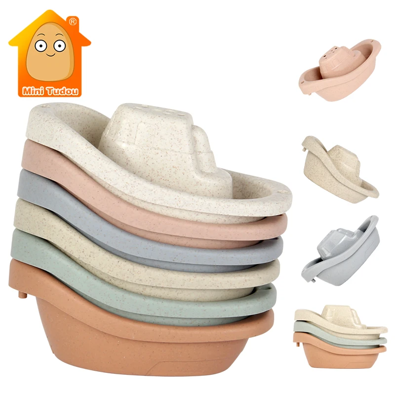 6PCS Baby Stacking Cup 2025 Toy Folding Boat Shape new Tower Bathing Shower Swimming Pool Play Water Kit Educational Toys For Infant Gift