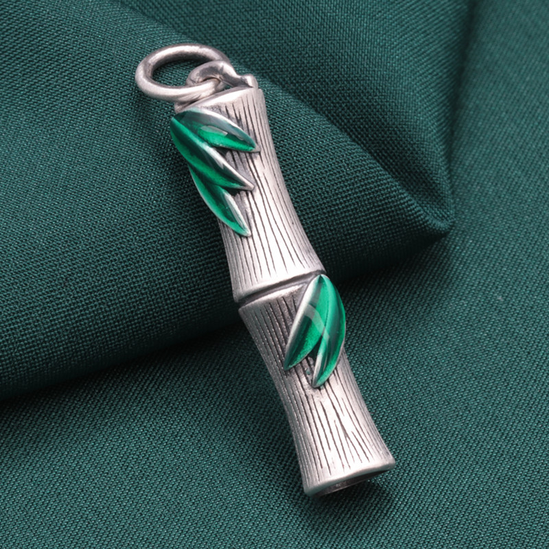 Ethnic 999 Silver Bamboo Branch Leaf Whistle Pendant Jewelry Retro Pure Silver Long Pendant for Men and Women DZ022