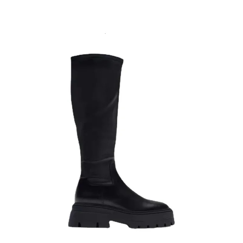 Fashion Black Slimming Thick Heels Knee High For Women Punk Style Autumn Chunky Platform Boots Ladies Party Shoes