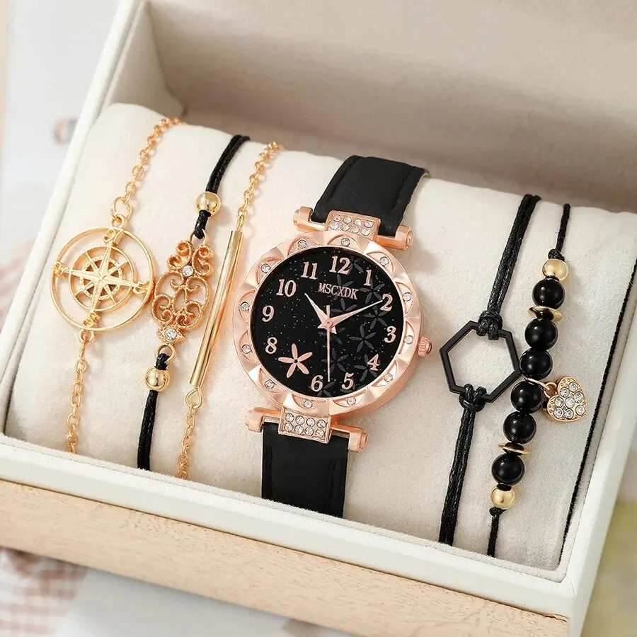 6pcs Black Flower Quartz Watch Dainty Bracelet For Women Leisure Casual 2025 Round Rhinestone Hollowed new Pattern Bracelet Set