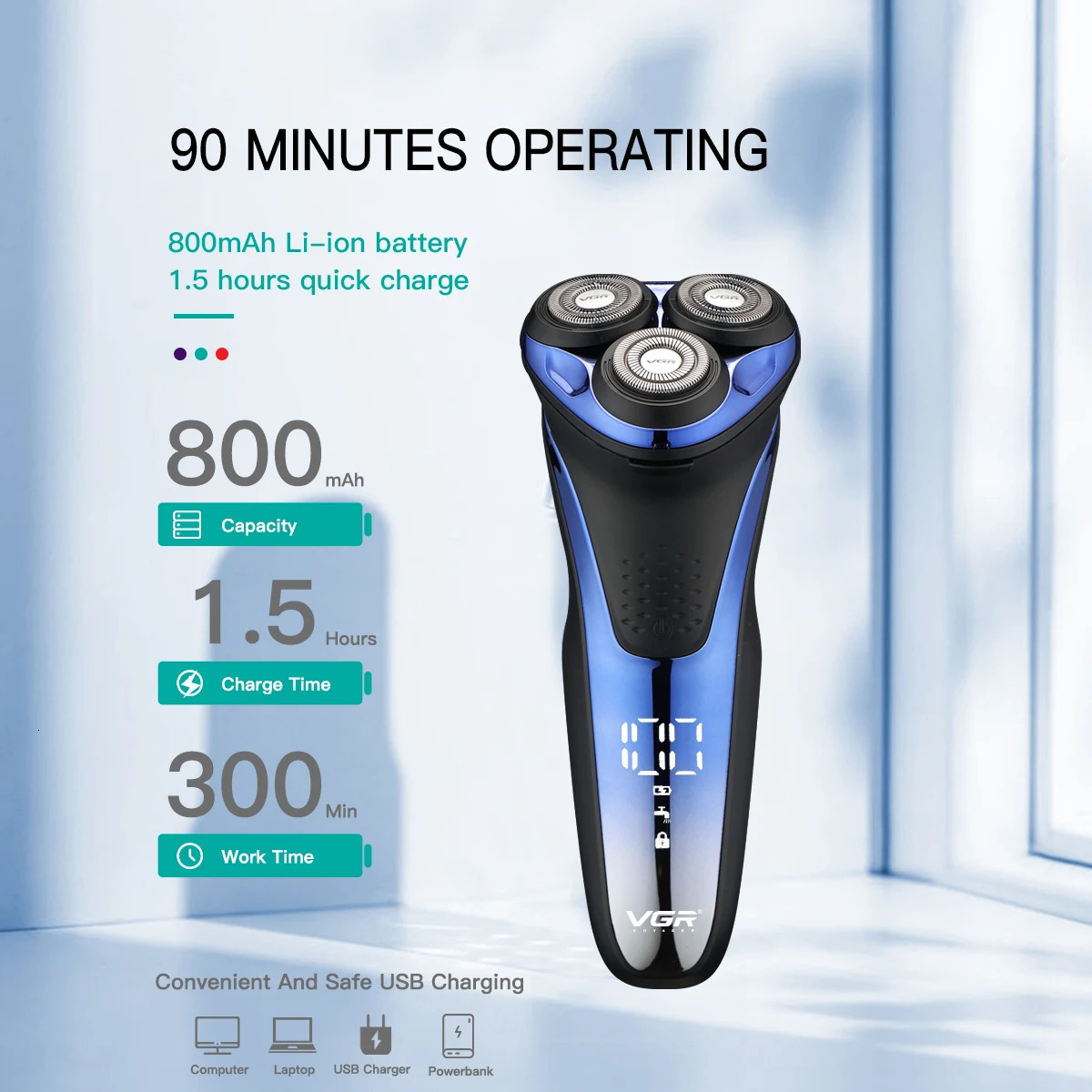 VGR Shaver Electric Razor Professional Shaving Machine Floating Beard Trimmer IPX7 Waterproof Rechargeable Shaver for Men V-306 240325