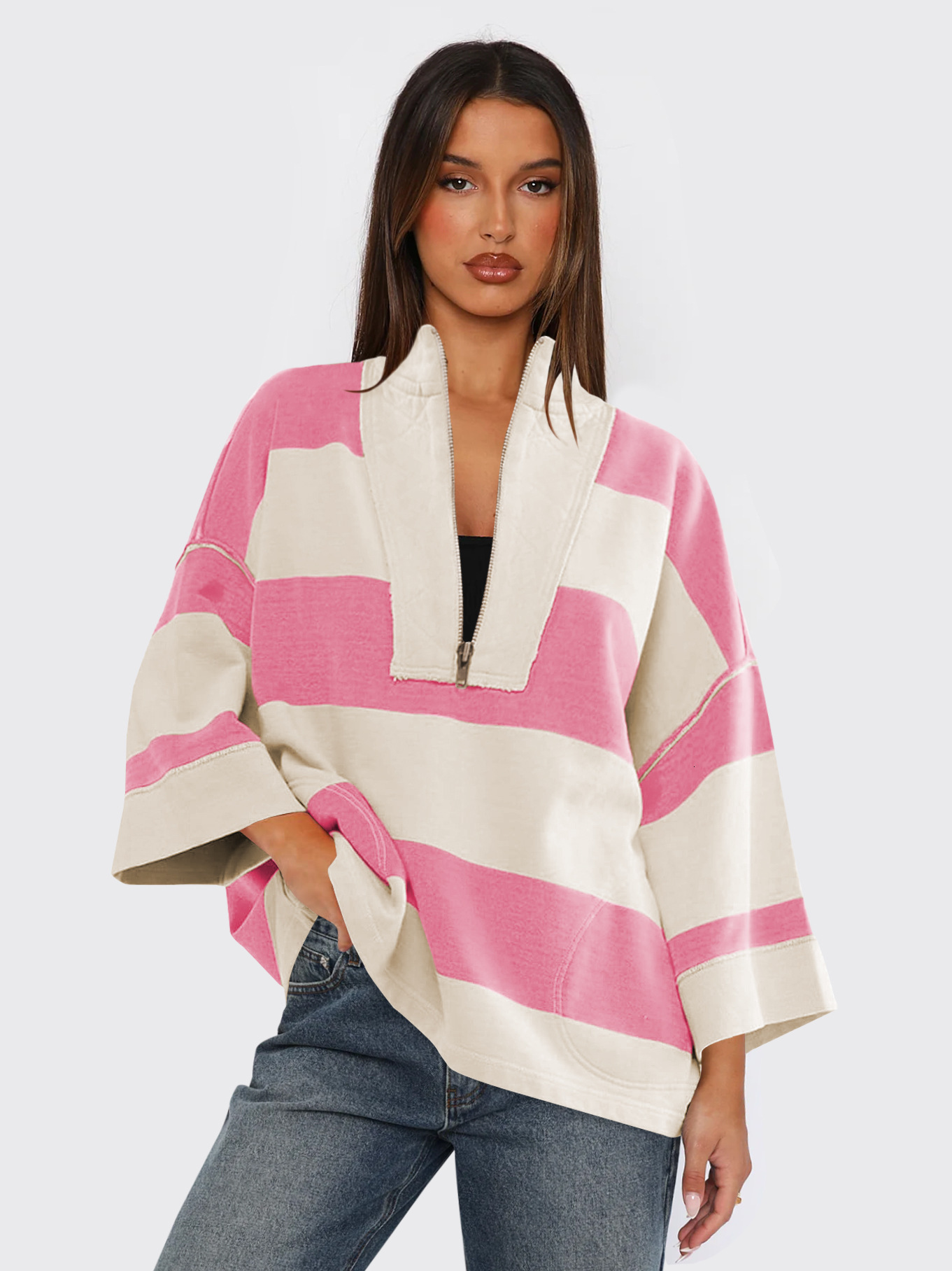 hoodies women selling striped half zipper european and american hoodie women's spring autumn color contrasting knitwear loose trendy brand sports