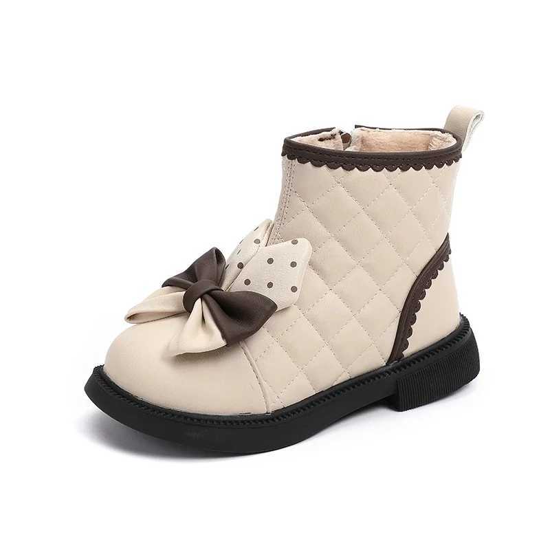 Childrens Princess Fashion Boots Sweet Patch Work Bow Winter Girls Boots Ankle Versatile Childrens Tight Cotton Boots Elegant M241102