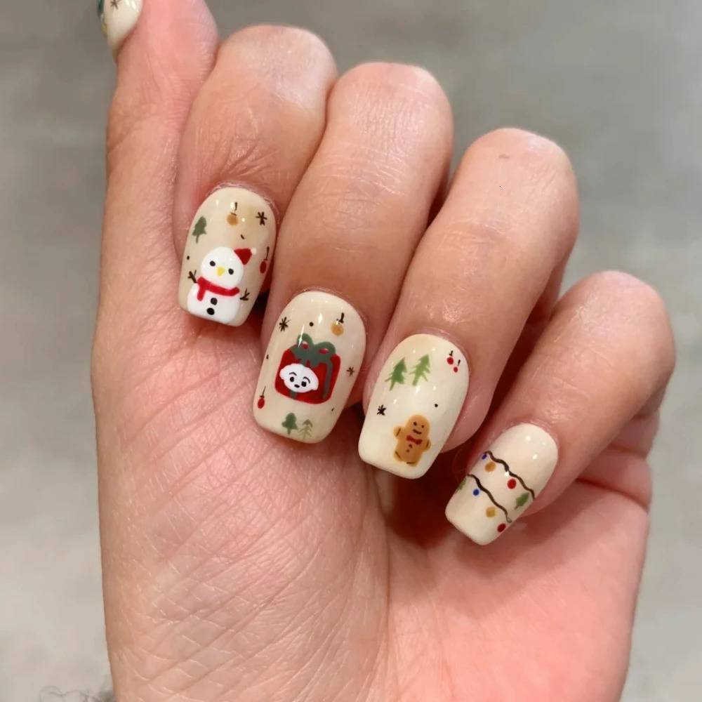 10 Handmade Pressing Christmas Nails Cute 3D Snowman Short Coffin Limited Fake Nail n Art DIY Nail Set 241031