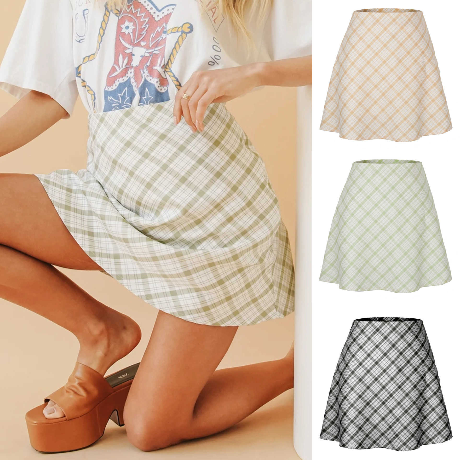 Plaid Short Skirts For Women Length Adult Bohemian Cotton Skirt WoMens Zipper Skirt Versatile Sweet Girl Plaid Half Skirt WoMens Vintage Skirt Dresses