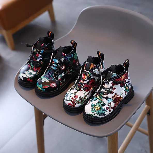National Floral Printing Ankle Boots for Kids Girls Comfortable Spring and Autumn Cotton Boots for Girls Fancy Shoes for Children M241102