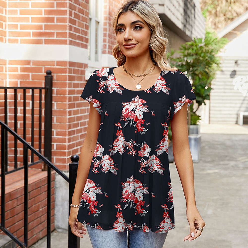 2024 Summer Mesh Top Women's Loose Pleated Printed Flowing Chiffon Shirt Sling floral skirt vacation beach