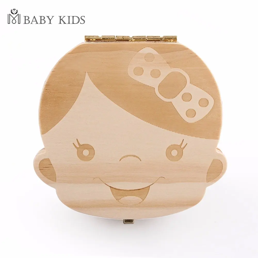 Baby Wood Tooth Box Organizer Milk Teeth Storage Language 2025 Spain English Collect Teeth Umbilica Save Gifts Baby new Tooth Box