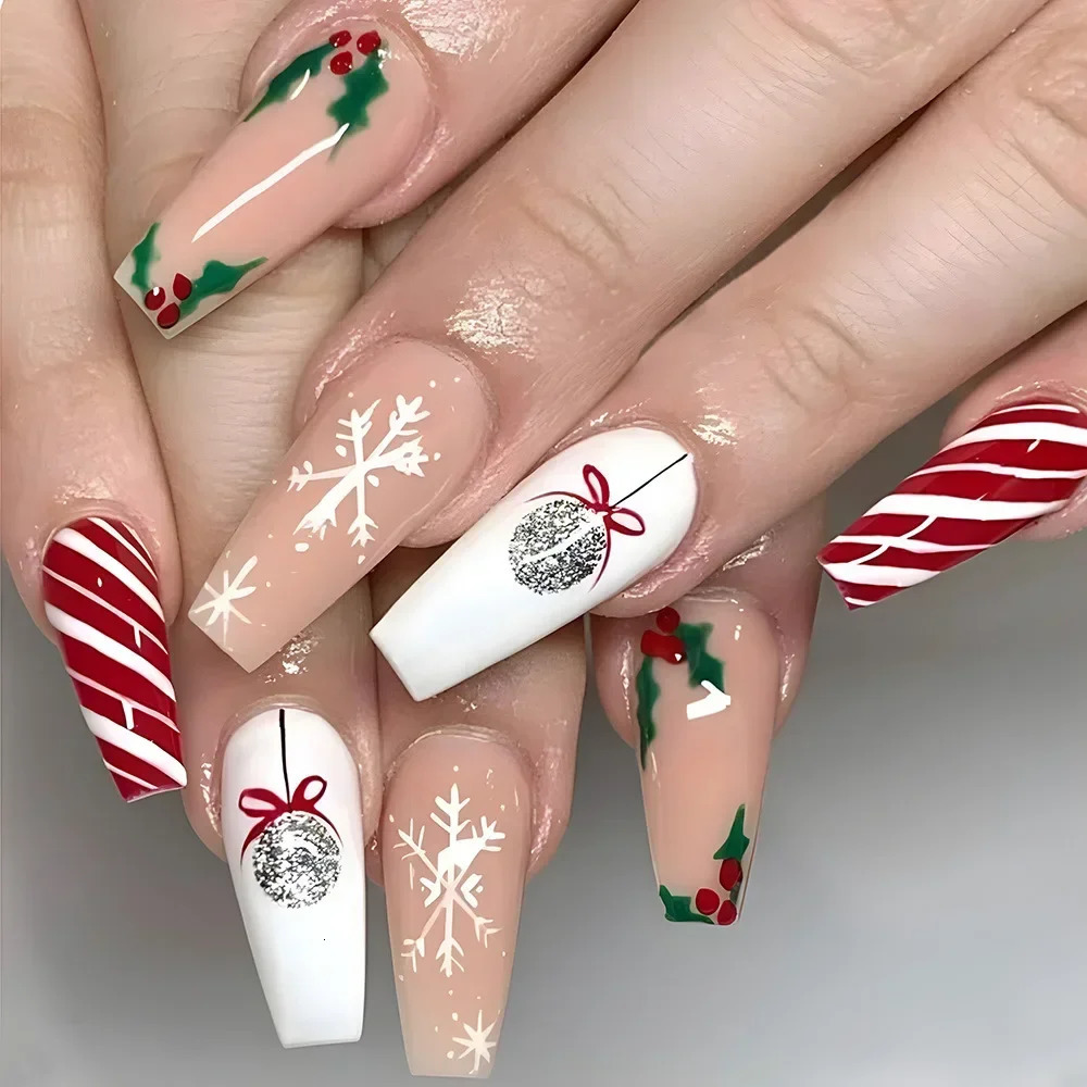 24 detachable Christmas n fake nails with glue full cover ballet snowflakes Christmas candy gifts fake nail press 241031