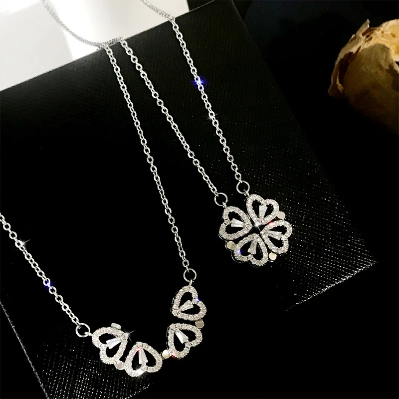 Retro Magnetic Folding Heart 2025 Shaped Four Leaf Clover Pendant Necklace Women Love Clavicle Chain new Gifts Openable Choker Jewelry