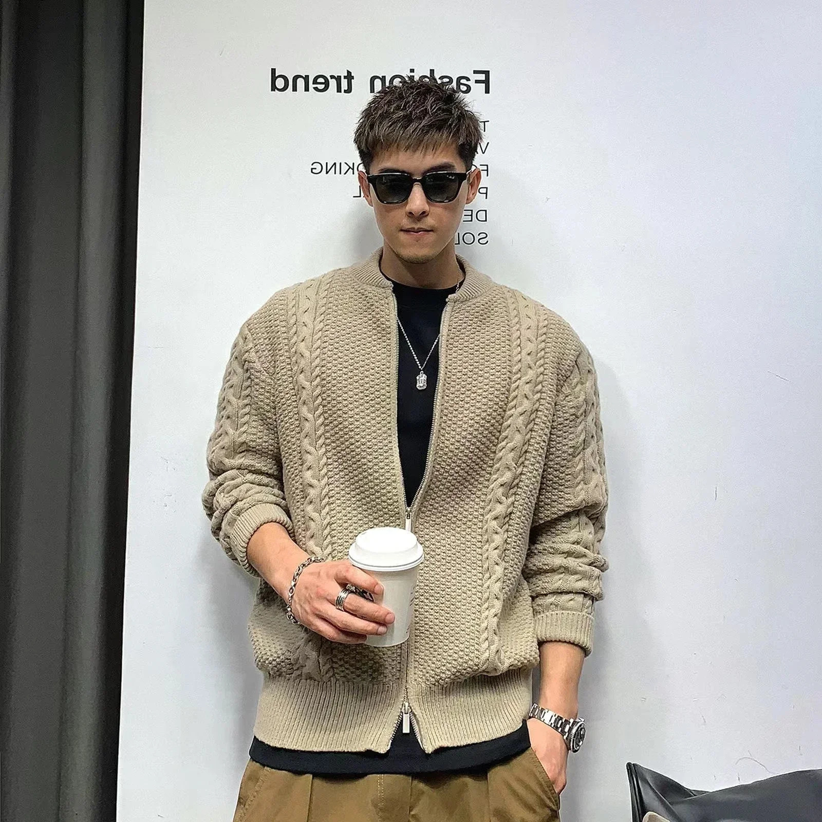 Knitted Sweaters for Men Cardigan Motorcycle Man Clothes Coat Zipper Jacket Zipup No Hoodie Korean Fashion 90s Vintage Style S 241024
