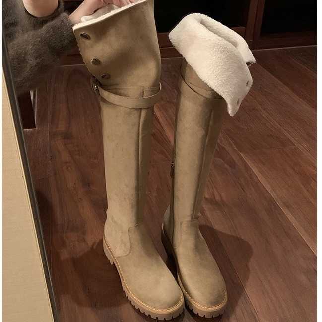 CMM Velvet Belt Buckle Thick Heel Over Knee Long Boots for Women New Versatile Two Warm Cotton Boots Knight Boots