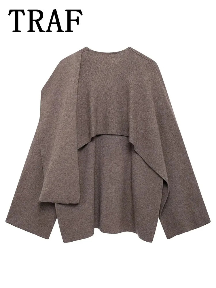 TRAF Cape Style Jackets Woman Autumn Fashion Knitted Cropped for Women Long Sleeve Short Coat Casual Outerwear 241028