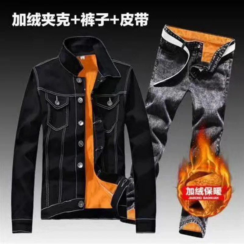 Autumn and winter mens jeans set simple blue long sleeved wool jacket and jeans two-piece casual denim set free gift 241030