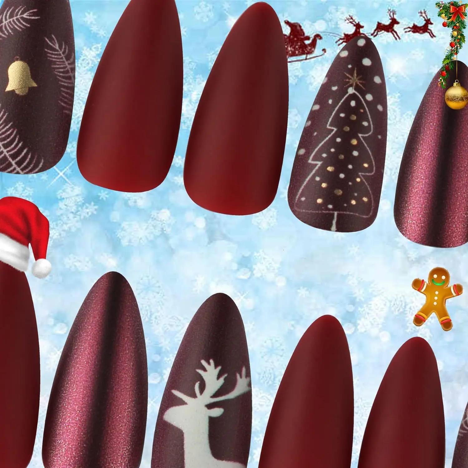 Christmas Theme Medium length Solid Red Nail Art Purple and Elk Fake Nail Sharp Finger Date Acrylic Holiday Fake Nail 241031