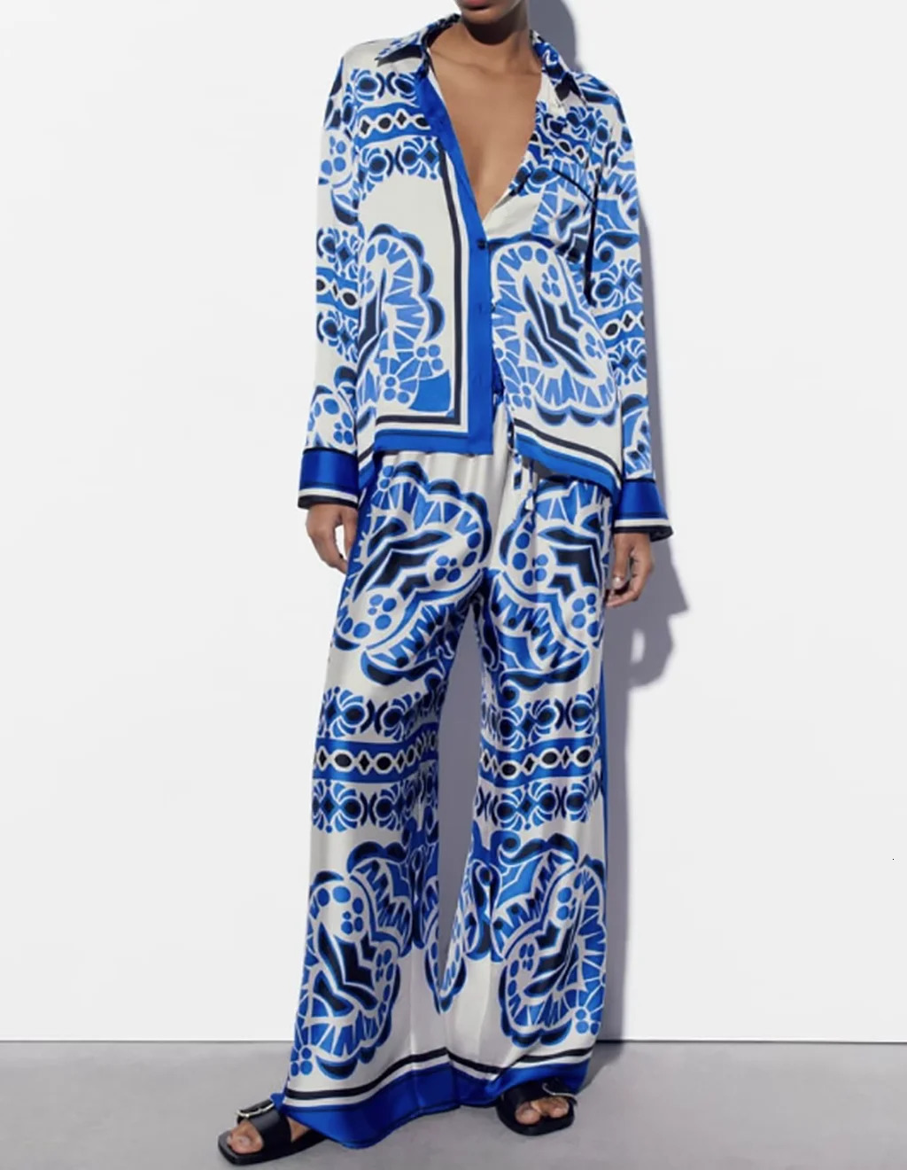 Print Women Shirt Summer Fashion Loose Wide Leg Pants Female Clothing Elastic Waist Streetwear Femle Trousers Split Set 240329