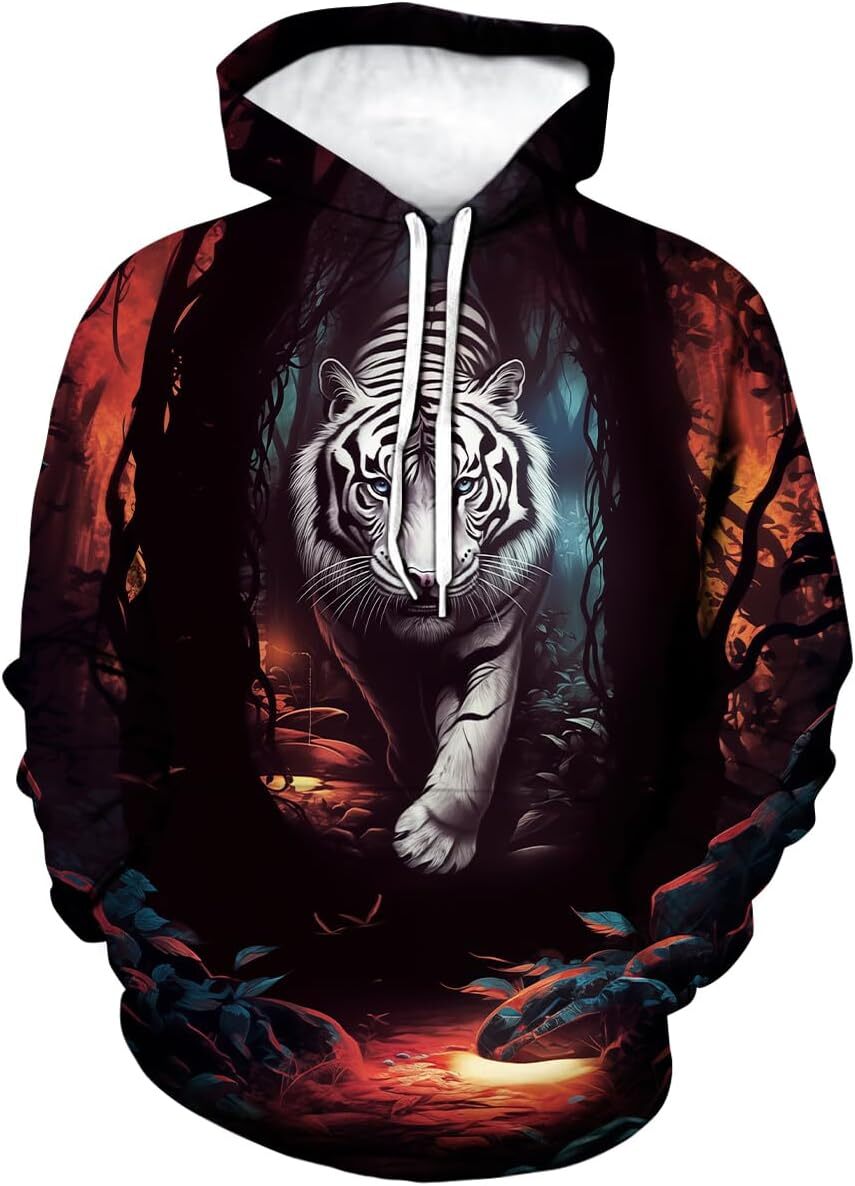 Hoodie for Mens Womens Funny Tiger Printed Hoodie Animal Graphic A white tiger breaking out like a dream Sweatshirt Graphic Hoodies sweatshirt Pullove